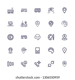 Editable 25 gray icons for web and mobile. Set of gray included icons line Placeholder, Resize, Phone call, Fade buttons, Paint palette, Audio player, Palette on white background