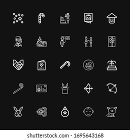 Bearbeitbar 25 Grußsymbole für Web und Mobile. Set mit Grußbildern inklusive Rabbit, Baby Boy, Bauble, Thai, Bow, Postcard, Party-Gebläse, Brunnen, Überraschung auf schwarzem Hintergrund