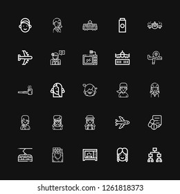 Editable 25 grey icons for web and mobile. Set of grey included icons line Hierarchical structure, Girl, Microwave, Gift bag, Tram, Medical prescription, Airplane on black background