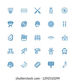 Editable 25 grill icons for web and mobile. Set of grill included icons line Sausage, Grill, Sausages, Stroopwafel, Bbq, Barbecue, Waffle iron, Roast, Hot dog on white background
