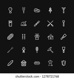 Editable 25 grilled icons for web and mobile. Set of grilled included icons line Kebab, Barbecue grill, Hotdog, Fried chicken, Sausage, Spatula, BBQ grill on black background