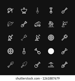 Editable 25 ground icons for web and mobile. Set of ground included icons line Shovel, Sand, Terra, Satellite dish, Stair truck, Soil, Wheelbarrow on black background