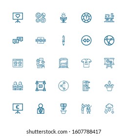 Editable 25 group icons for web and mobile. Set of group included icons line Charity, Motivation, Growth, Businessman, Presentation, Flower pot, Training, Share on white background