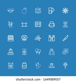 Editable 25 group icons for web and mobile. Set of group included icons line Stats, Frog, Sleeping, Training, Monster, Chat, Conversation, Balloons, Admin, Fountain on blue background