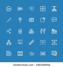 Editable 25 group icons for web and mobile. Set of group included icons line Conversation, Lunch, Grenade, Lockers, Network, , Stick candy, Presentation, Organization on blue background
