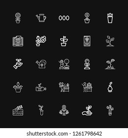 Editable 25 growing icons for web and mobile. Set of growing included icons line Plants, Plant, Growth, Sprout, Gardening, Root, Gardener, Flower pot, Garden on black background