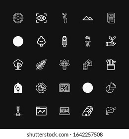 Editable 25 iconos de crecimiento para web y móvil. El conjunto de crecimiento incluía iconos línea Suelo, Invernadero, Beneficio, Analítica, Pirámide, Pie chart, Leaves, Estadísticas sobre fondo negro