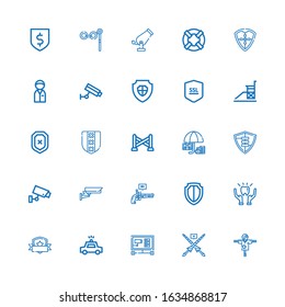 Editable 25 guard icons for web and mobile. Set of guard included icons line Scarecrow, Lance, Cctv, Police car, Shield, Protection, Pistol, Police line, Vigilance on white background