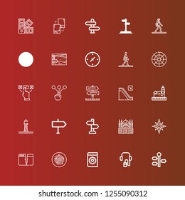 Editable 25 guide icons for web and mobile. Set of guide included icons line Signpost, Audio guide, Manual, Pasta, Split, Windrose, Hagia sophia, Sign Post, Direction, Lighthouse on red