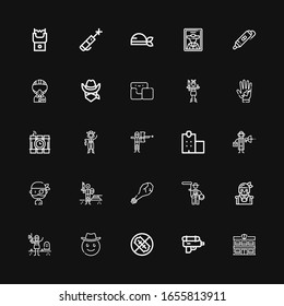 Editable 25 gun icons for web and mobile. Set of gun included icons line Police station, Water gun, No weapons, Cowboy, Paintball, Pirate, Lasso, Weapon, Detective on black background