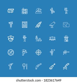 Editable 25 gun icons for web and mobile. Set of gun included icons line d printing pen, Laser pen, Musket, Weapon, Pirate, Paintball, Detective, Shooter, Water gun on blue background