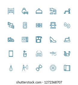Editable 25 gym icons for web and mobile. Set of gym included icons line Yoga mat, Weight, Dumbbell, Fitness, Punching ball, Stationary bike, Abs, Powder, Carpet on white background