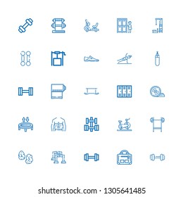 Editable 25 gym icons for web and mobile. Set of gym included icons line Dumbbell, Gym, Weight, Pushup, Runes, Bench press, Stationary bike, Abs, Trampoline on white background
