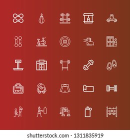 Editable 25 gym icons for web and mobile. Set of gym included icons line Weights, Isotonic, Pushup, Fitness, Dumbbell, Yoga mat, Boxing shorts, Gym, Shoes, Weight, Bench press on red