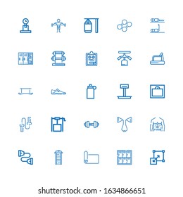 Editable 25 gym icons for web and mobile. Set of gym included icons line Stretching, Locker, Mat, Treadmill, Chest expander, Abs, Dumbbell, Well, Skipping rope on white background