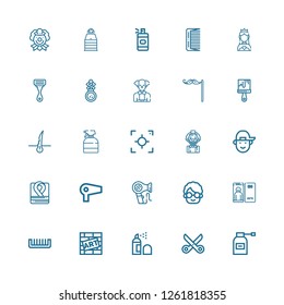Editable 25 hair icons for web and mobile. Set of hair included icons line Spray, Scissors, Graffiti, Comb, Focus, Grandmother, Hair dryer, Robe, Boy, Clown on white background
