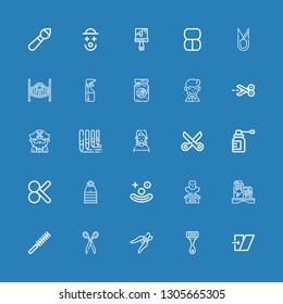 Editable 25 hair icons for web and mobile. Set of hair included icons line Shear, Razor, Shears, Scissors, Comb, Graffiti, Bust, Clown, Sauna, Cut, Spray, Boy on blue background