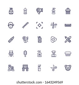 Editable 25 hair icons for web and mobile. Set of hair included icons line Clown, Scissors, Spray, Vanity, Graffiti, Brush, Shampoo, Cosplayer, Ponytail, Spray bottle on white background