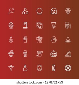 Editable 25 halloween icons for web and mobile. Set of halloween included icons line Candy, Fangs, Potion, Scarecrow, Magic, Pumpkin, Magician, Witch, Witch hat, Ghost on red