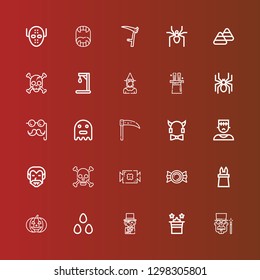 Editable 25 halloween icons for web and mobile. Set of halloween included icons line Magician, Magic, Candies, Pumpkin, Candy, Skull, Dracula, Monster, Devil, Scythe, Ghost on red