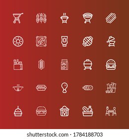 Bearbeitbar 25 Hamburger Icons für Web und Mobile. Hamburgerset inklusive Ikonen der Linie Fast Food, Food, Fried Hühnchen, Burger, Snack, Salami, Hot dog, Grill, Hamburger, Bbq auf Rot