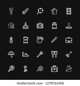 Editable 25 handle icons for web and mobile. Set of handle included icons line Cowbell, Briefcase, Search, Tomahawk, Magnifying glass, Rake, Crutches, Plunger on black background