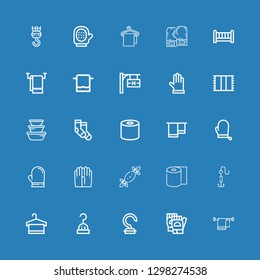 Editable 25 hanging icons for web and mobile. Set of hanging included icons line Towel, Gloves, Hook, Tissue, Tissues, Glove, Socks, Container, Hotel signal on blue background