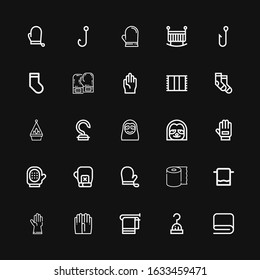 Editable 25 hanging icons for web and mobile. Set of hanging included icons line Towel, Hook, Gloves, Tissue, Boxing gloves, Glove, Sloth, Hanging pot, Socks on black background