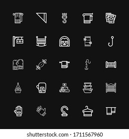 Editable 25 hanging icons for web and mobile. Set of hanging included icons line Towel, Hook, Gloves, Glove, Baby bed, Container, Towels, Boxing gloves, Hanging pot on black background