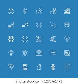 Editable 25 happiness icons for web and mobile. Set of happiness included icons line Delicious, Balloon, Pregnant, Hugging, Baby carriage, Mom, Greeting card on blue background