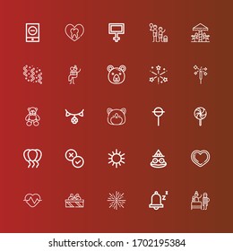Editable 25 happy icons for web and mobile. Set of happy included icons line Birth, Snooze, Firework, Gifts, Heart, Toad, Sun, Rate, Balloons, Lollipop, Hamster, Garland on red