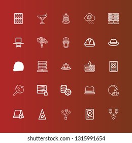Editable 25 hard icons for web and mobile. Set of hard included icons line Servers, Hard drive, Hat, Helmet, Server, Caramelized apple, disk, Rain, Martini on red
