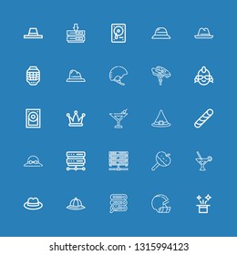Editable 25 hard icons for web and mobile. Set of hard included icons line Hat, Helmet, Server, Martini, Caramelized apple, Stick candy, Witch hat, Hard disk on blue background