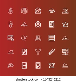 Editable 25 hard icons for web and mobile. Set of hard included icons line Hat, Helmet, Hard disc, Server, Stick candy, Servers, drive, disk, Boxing helmet, Rain on red