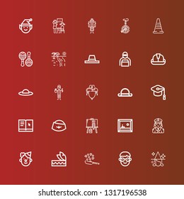 Editable 25 hat icons for web and mobile. Set of hat included icons line Witch, Student, Cooking, Headdress, Clown, Police, Painting, Hat, Learning, Mortarboard, Bowler on red