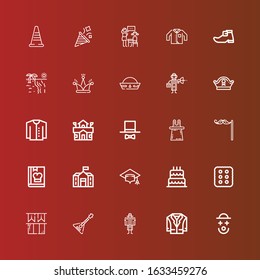 Editable 25 hat icons for web and mobile. Set of hat included icons line Clown, Jacket, Detective, Balalaika, Ireland, Cracker, Birthday cake, Mortarboard, School, Cook on red