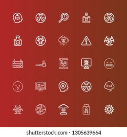 Editable 25 hazard icons for web and mobile. Set of hazard included icons line Explosion, Poison, Nuclear, No sitting, Biohazard, Problem, Radioactive, Failure, Malware on red