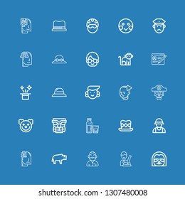 Editable 25 head icons for web and mobile. Set of head included icons line Sloth, Interview, Man, Bison, Anxiety, Zookeeper, Top hat, Milk, Tiki, Clown, Skull on blue background