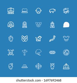 Editable 25 head icons for web and mobile. Set of head included icons line Baby hat, Horse, Team, Hat, Mind, Indian, Augmented reality, Helmet, Skull, Body on blue background