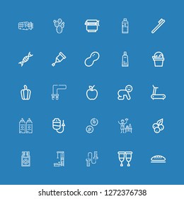 Editable 25 healthy icons for web and mobile. Set of healthy included icons line Bread, Crutches, Skipping rope, Gym station, Medicine, Blueberry, Spa, Biscuit on blue background
