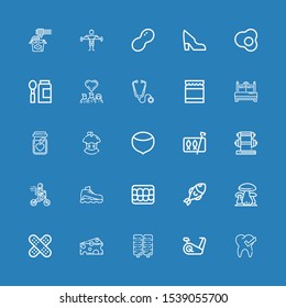 Editable 25 healthy icons for web and mobile. Set of healthy included icons line Tooth, Stationary bike, Corn, Cheese, Plaster, Mushrooms, Fish, Denture, Sneaker on blue background