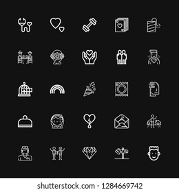 Editable 25 heart icons for web and mobile. Set of heart included icons line Boy, Post, Diamond, Wedding, Nurse, Shelter, Bomb, Heart, Bride, Gym, Anxiety on black background