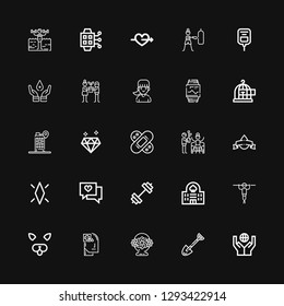 Editable 25 heart icons for web and mobile. Set of heart included icons line Donation, Spade, Flower basket, Health, Filter, Fitness, Casino, Gym, Love, Diamond on black background