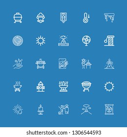 Editable 25 heat icons for web and mobile. Set of heat included icons line Radiation, Volcano, Heater, Candle, Sun, Bbq, Oven, Hydrant, Barbecue, Burner, Matches on blue background