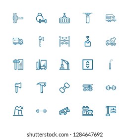 Editable 25 heavy icons for web and mobile. Set of heavy included icons line Crane, Loader, Barbell, Nuclear plant, Dumbbell, Cargo truck, Axe, Stone, Lift on white background