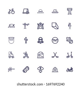 Editable 25 helmet icons for web and mobile. Set of helmet included icons line Bicycle, Helmet, Mining, Safety glasses, Paintball, Ice hockey, Bike, Roller skate on white background