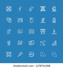 Editable 25 help icons for web and mobile. Set of help included icons line Chat, Crutch, Plaster, Veterinarian, Escalator, Doorman, Call center, Walking, Crutches on blue background