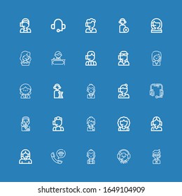 Editable 25 helpline icons for web and mobile. Set of helpline included icons line Call center, Operator, Headset, Receptionist on blue background