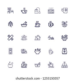 Editable 25 herbal icons for web and mobile. Set of herbal included icons line Hive, Tea, Mortar, Tea bag, Sauna, Massage, Chewing gum, Nature, Tea cup, Hop on white background