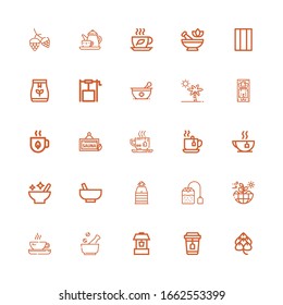 Editable 25 herbal icons for web and mobile. Set of herbal included icons line Hop, Tea, Well, Mortar, Nature, Tea bag, Sauna, Massage, Botanical, Chewing gum on white background svg